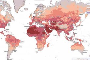 Screenshot from the new Thermal Trace application, showing the peak heat stress reached across the globe in June 2025, from moderate to extreme based on the ERA5-HEAT Universal Thermal Climate Index.